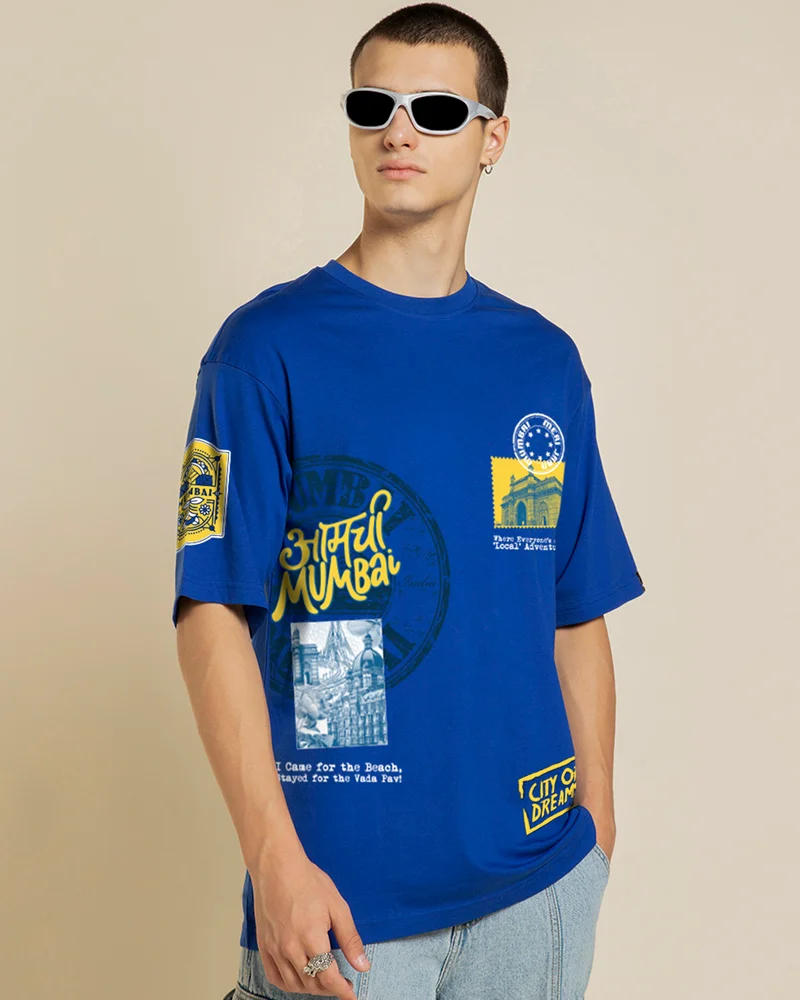 bewakoof Men's Blue Aamchi Mumbai Graphic Printed Oversized T-shirt